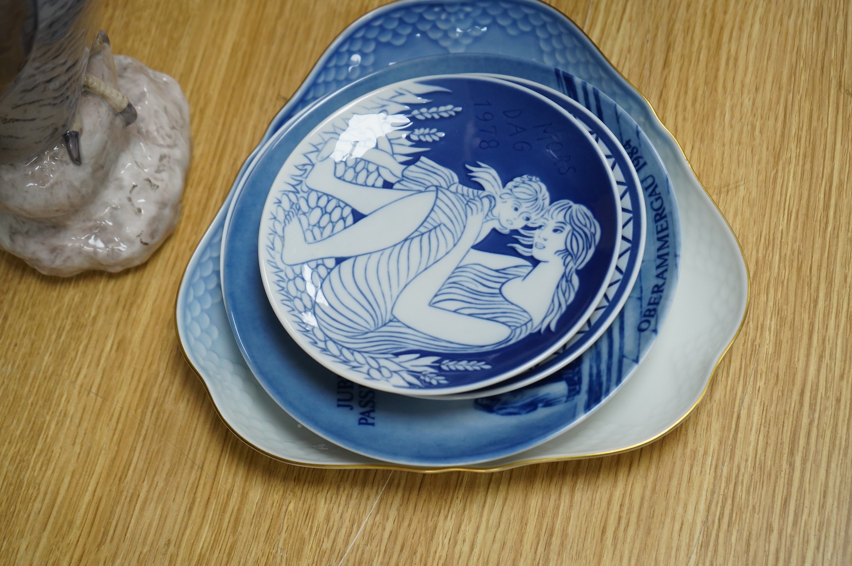 A small collection of Royal Copenhagen plates and a Bing & Grondahl Owl, 29cm high